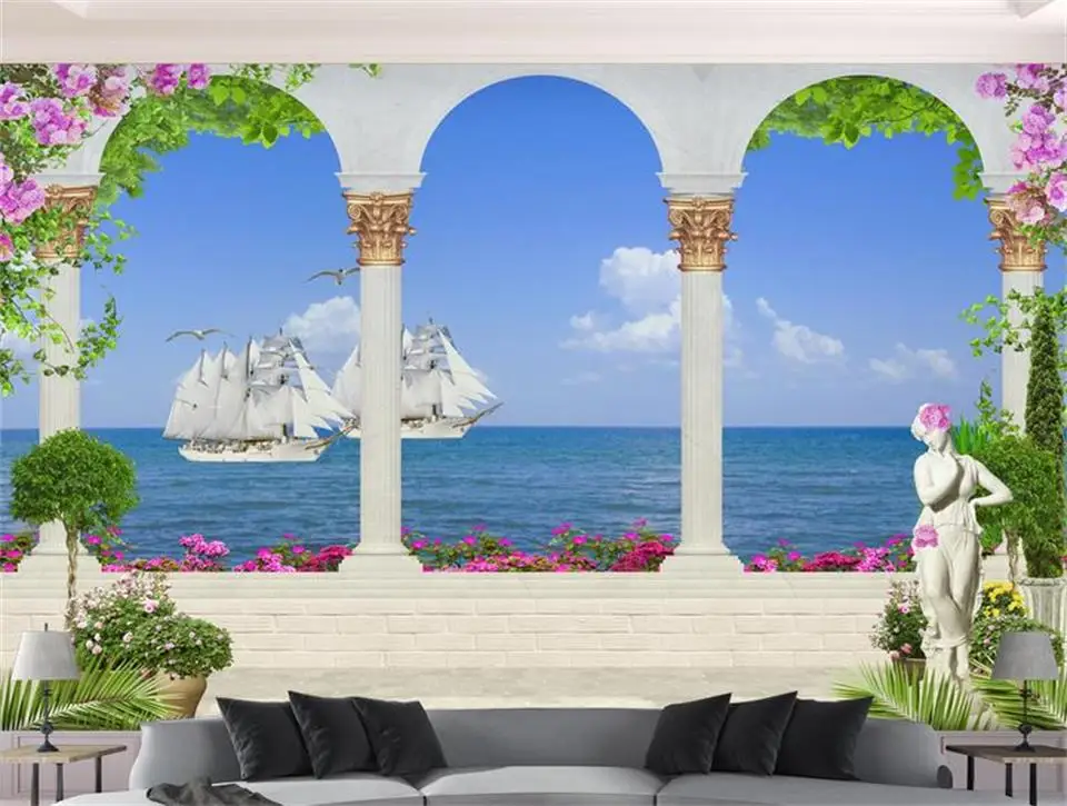 3d Custom photo mural 3d wallpaper Roman column sailboat sea view decor