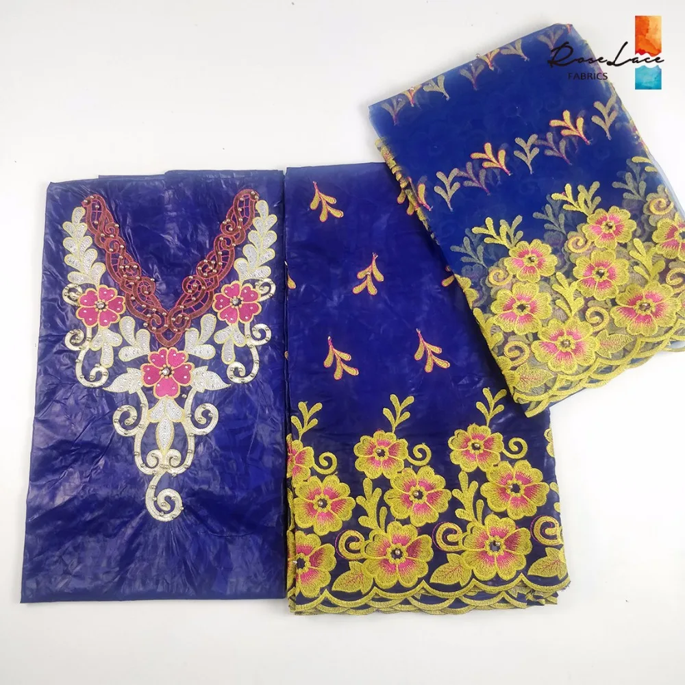 

African Women Bazin Fabric With Net Blouse 2018 New Design 3Yards+2Yards+2Yards Basin Borde Royal Blue Nigerian Embroidery Laces