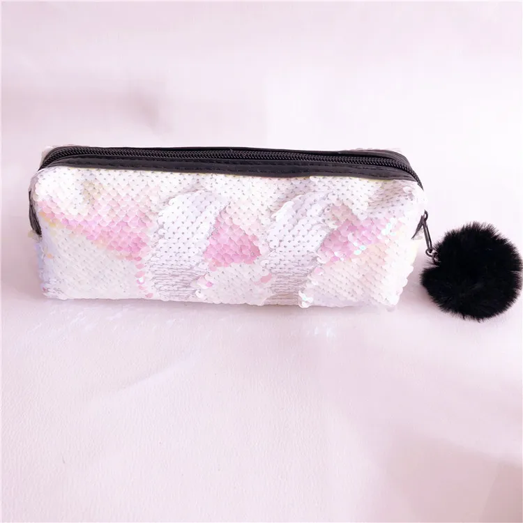 School Pencil Case Reversible Sequin Hairball PencilCase For Girls Bts Stationery Gift Cute Pencil Box Kawaii Student Supplies