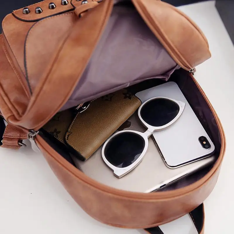 Mochila De 3 unids con remaches para mujer, con solapa sólida, bolsillo, cremallera, Casual, compuesta, Mochila de cuero para adolescentes, Mochila femenina, saco a dos mujeres