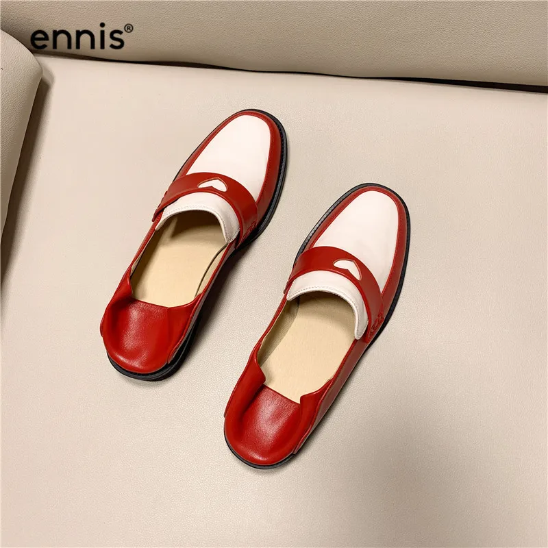 ENNIS/ г. разноцветная обувь с сердечками женские туфли-лодочки из натуральной кожи красные Лоферы повседневная обувь демисезонные кофейные туфли на плоской подошве, C9111