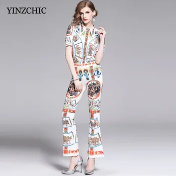 

Elegant Woman Print Two-pieces Suit Turn-down Collar Blouse + Flare Slim Pant Set for Lady Female Summer Fashion Suits