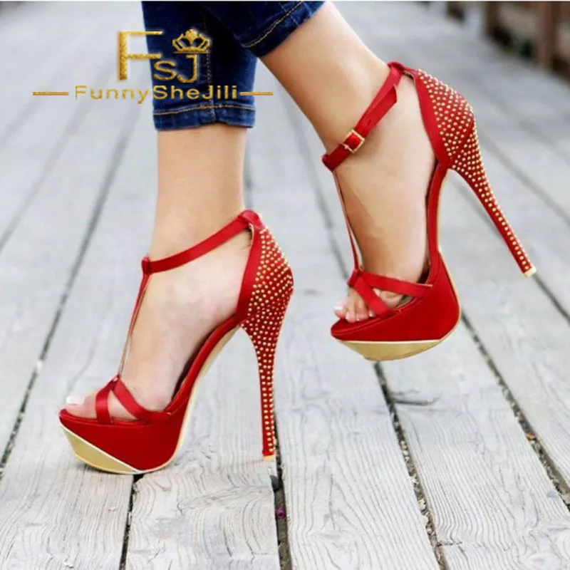 

Women's Red Sequined Open Toe Platform Stiletto Heel Ankle Strap Sandals Generous Incomparable Attractive Fashion Sexy FSJ