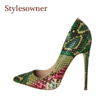 

Stylesowner 33-44 Size Sexy Women Pumps Green Snake Pattern Extreme high heels Shoes Pointy Toe Fashion Party Dress Shoes Woman
