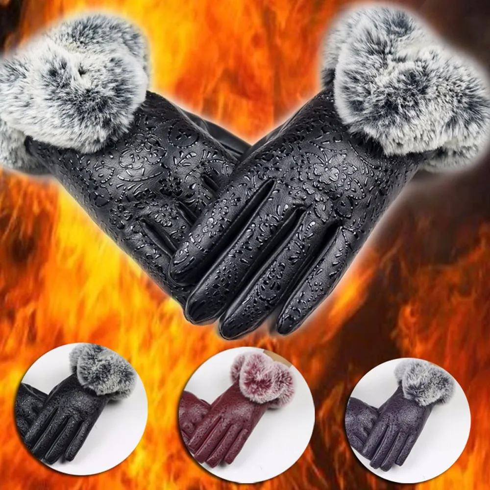 

Women Lady Black Leather Gloves Autumn Winter Warm Rabbit Fur Mittens Rabbit Fur Gloves Women's Warm Real Sheepskin Fashion Hig