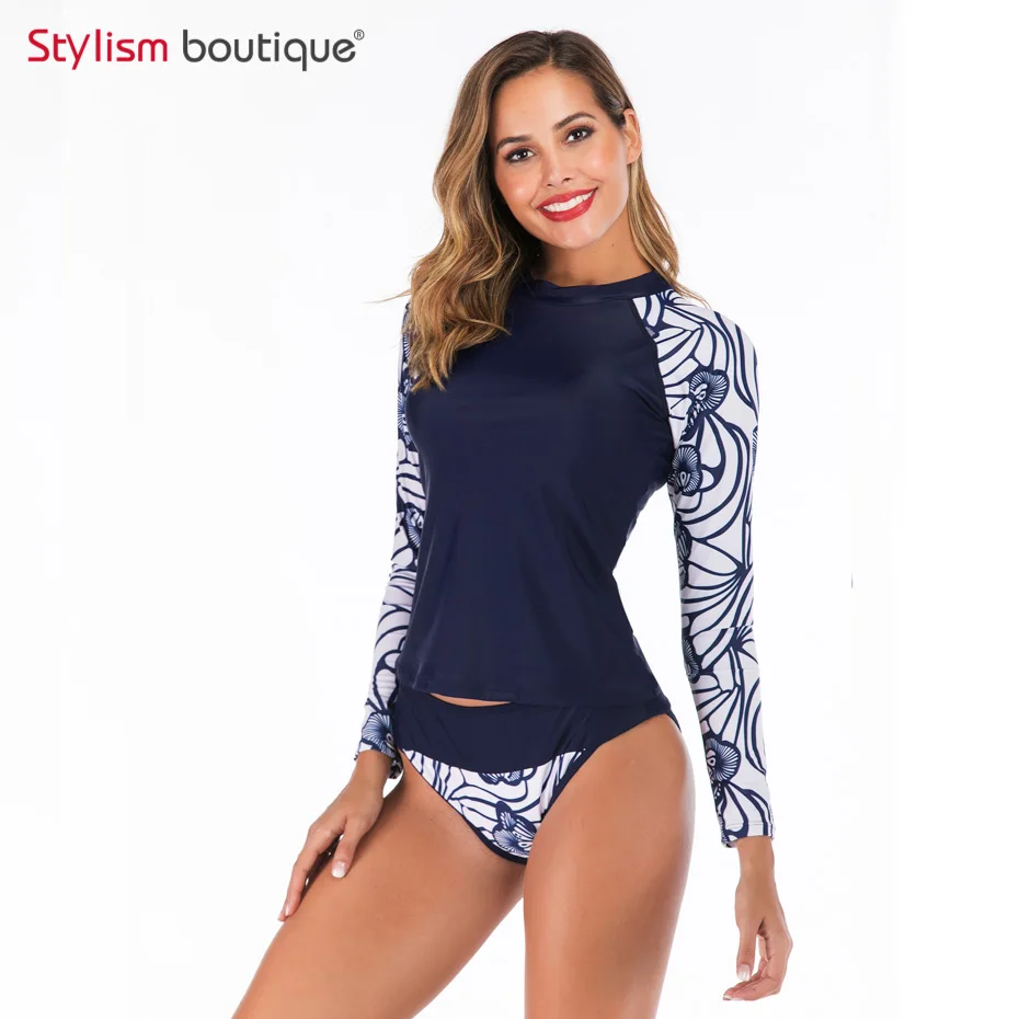 

Long Sleeve Swimsuit Printed Women's Swimswear Rashguard 2 Pieces Separate Swimsuit Sport Surfing Rash Guard Bathing Suit 2019