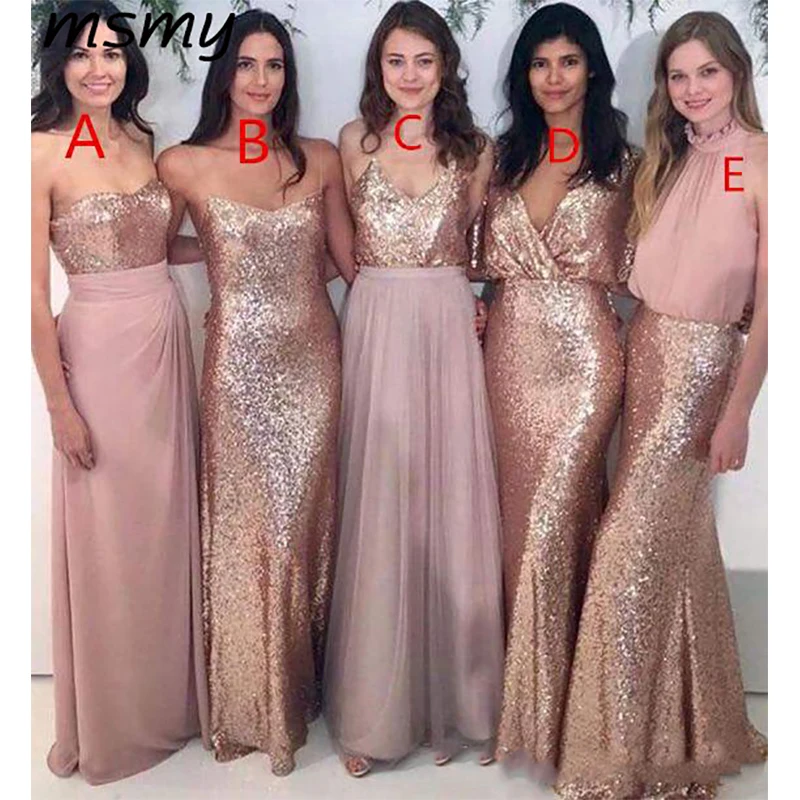 

Simple A-Line Many Styles Rose God Sequins Sleeveless Long Bridesmaid Dresses Differents Styles Same Color