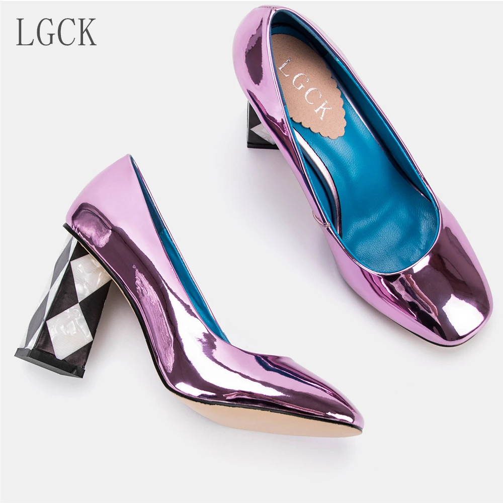

Plus Size 34-43 Genuine Leather Women Shoes Pumps Party Wedding Square Heel Sexy Fashion Patent Leather Strange Style High Heels