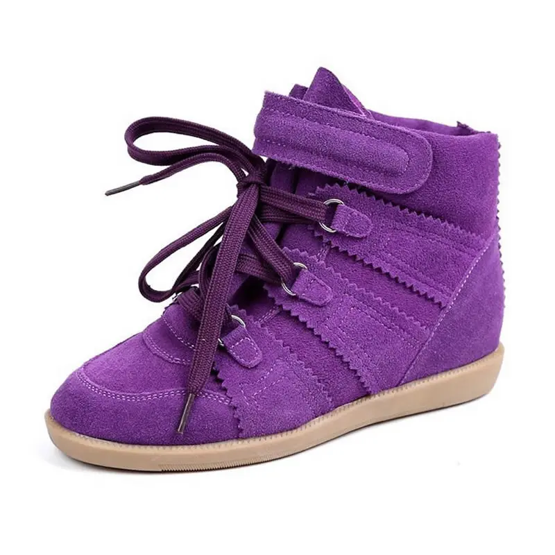 

Hook & Loop Fashion Sneakers Bobby Women's Boots Wedges Shoes Suede Genuine Leather Height Increasing 7cm Women's Shoes