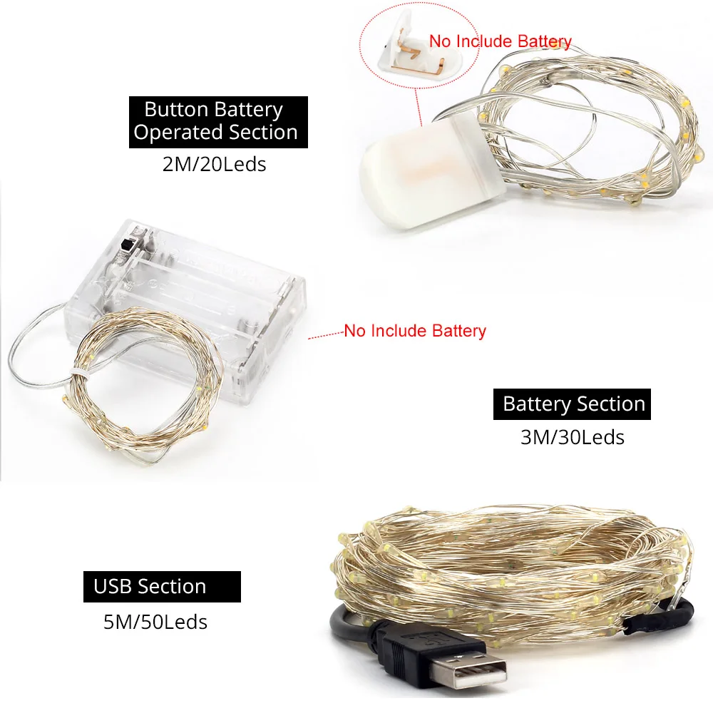 Светодио дный Медный провод Строка Light 2 м 3 м 5 м гирлянды с шариками светодио дный строка USB/Батарея питание светодио дный гирляндой для