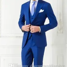 Смокинги жениха на двух пуговицах Королевского синего цвета с отворотами для жениха, костюм шафера, мужские свадебные костюмы(пиджак+ брюки+ жилет+ галстук