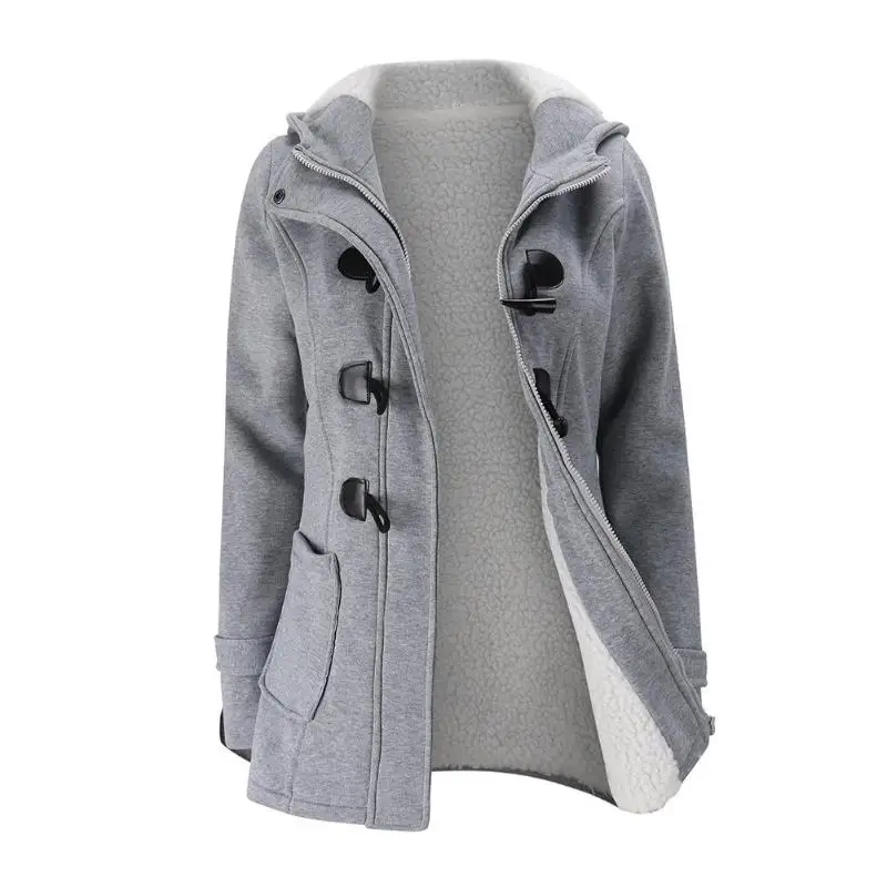 

Casual Women Warm Winter Coat Horn Button Thicken Zipper Hooded Jackets Gray/Black Fashion Slim Fit Outerwear Girls Overcoat