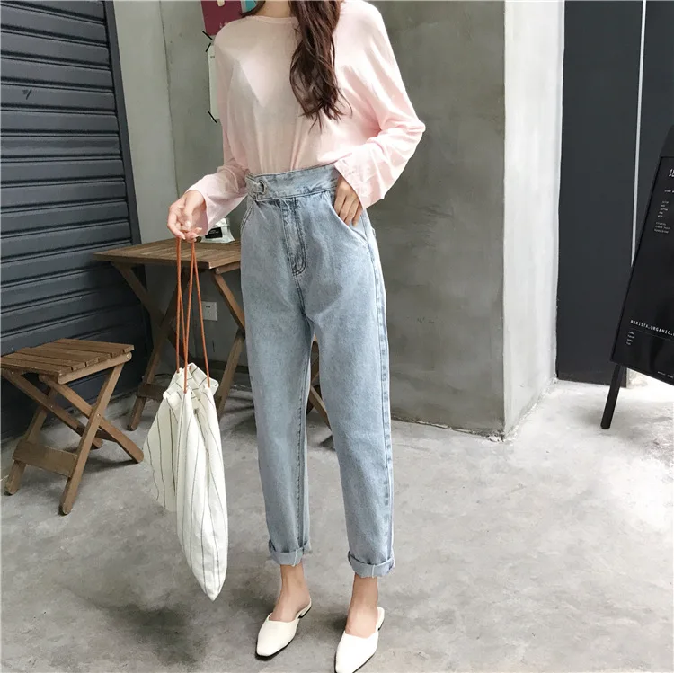 new hot sale women's spring summer loose high waist jeans pants ladies ankle-length harern pants S-L