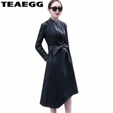 TEAEGG Черная куртка из искусственной кожи женское пальто длинный стиль тонкие женские кожаные куртки верхняя одежда Casaco Плюс Размер Feminino 5xl AL22