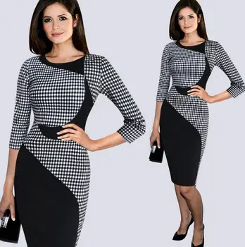 

New Slim Spring Short Sleeve Black White Plaid Wiggle Dresses Women Elegant Work Office Party Bodycon Fitted Dress Crescent