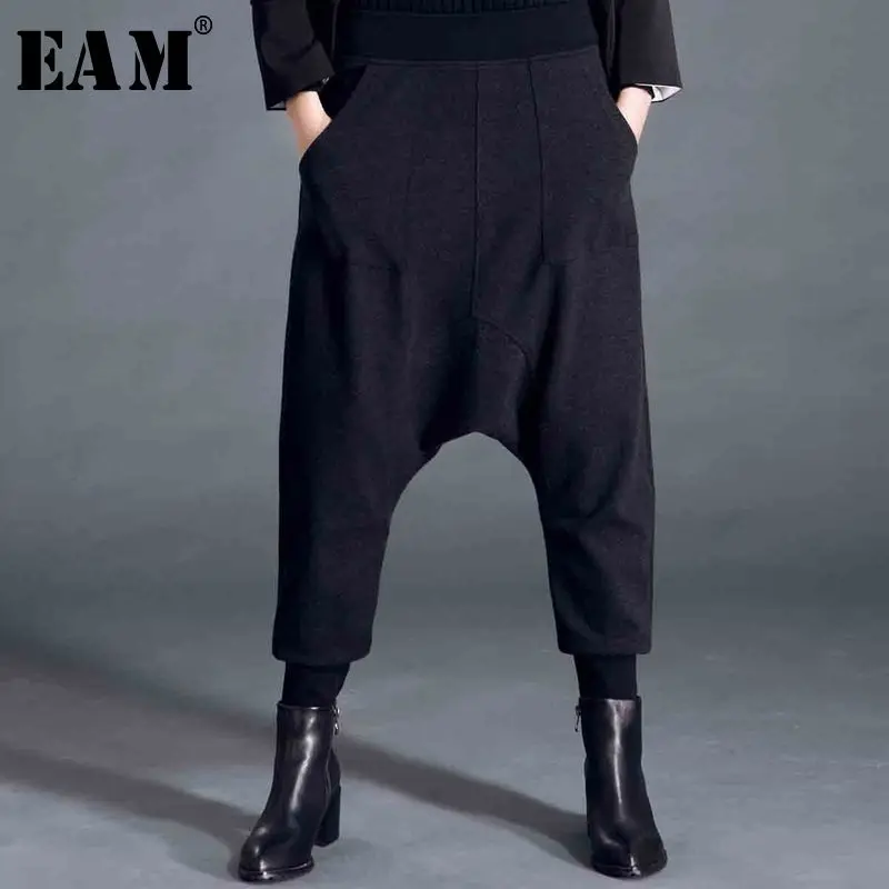 

[EAM] 2019 New Spring Fashion Tide Black Grey Patchwork Pockets Elastic Waist Casual Woman Ankle-length Cross-pants SA152