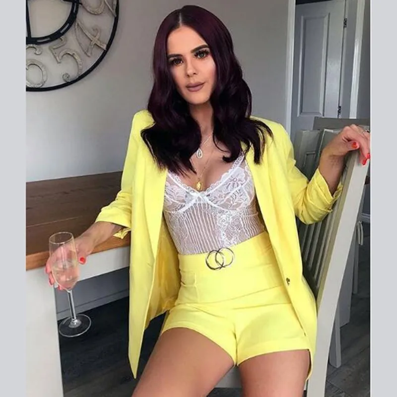 Interview Autumn Two Piece Sets Official Lady Top And Shorts 2 Piece Set Women Sexy Deep V Neck Long Sleeve Elegant Formal Set