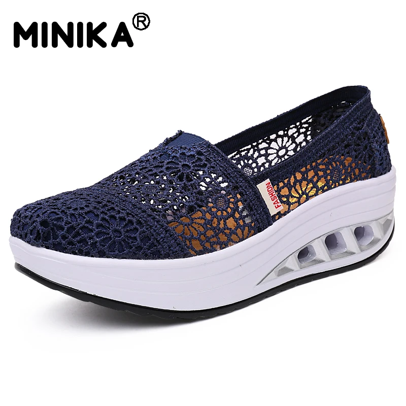 

Minika Summer Women Flat Platform Shoes Woman Comfortable Breathable Sweet Flats Female Casual Mesh Lace Pattern Shoes Creepers