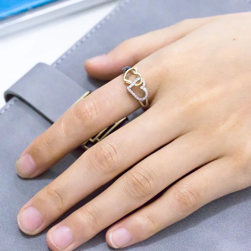 Trendy Double Heart Rings for Women Gold Color & AAA Zircon Fashion Jewelry For Lovers Bijoux Anillos Daily Wear Bague B2300 (3)