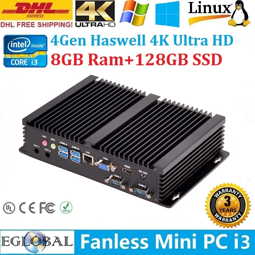 Eglobal Fanless Industrial Mini PC Windows10 Core i3 4010U 5005U 2*RS232 Slim Computer 300M Wifi 1*HDMI 1*VGA 1*LAN TV Box