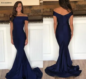 

Modest Mermaid Navy Blue Evening Dresses 2019 Boat Neck Off The Shoulder Fitted Formal Party Gowns Cheap vestido de festa longo