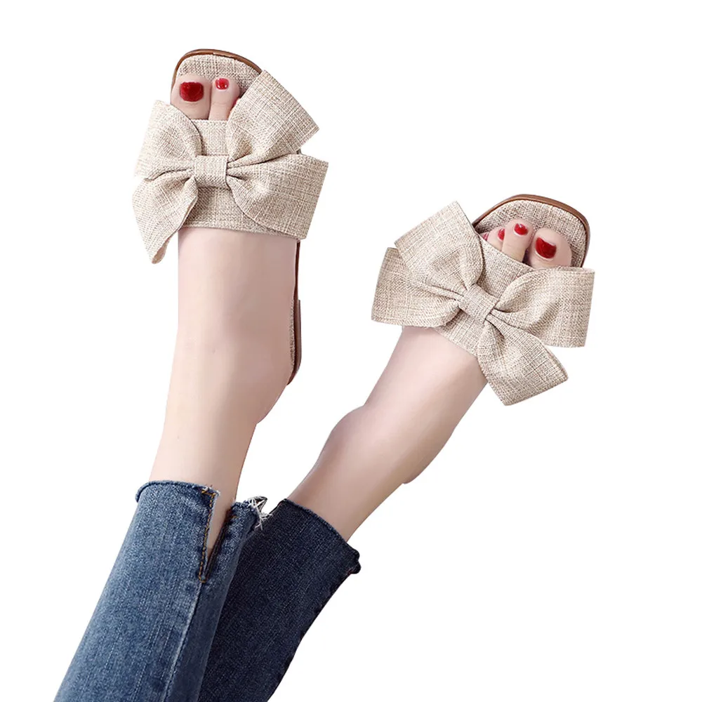 

2019 One Word with Slippers Women Fashion Cloth Bow Flat Heel Round Toe Sandals Slipper Beach Shoes Girls Simple Shoes