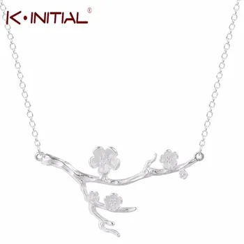 Kinitial 1Pcs 925 Silver Chains Necklaces Women Romantic Cherry Blossom Pendant Necklace Accessories Sweater Chain Necklace