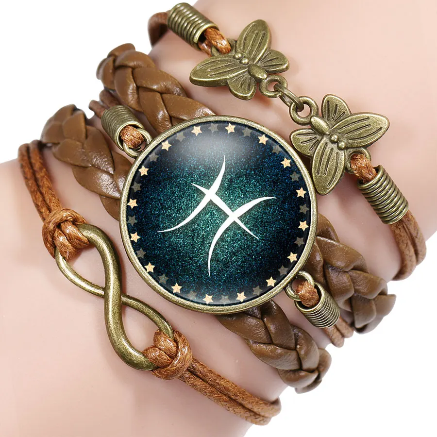 

NingXiang 2017 New Arrival 12 Constellation Bracelets Aries Taurus Cancer Virgo Scorpio Sign Glass Cabochon Leather Bracelets