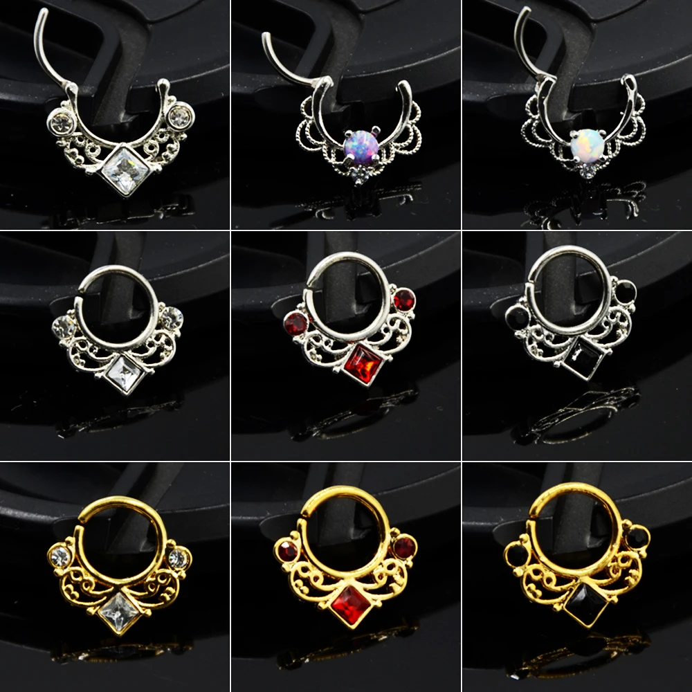 

BOG-1PC Titanium Lacey Opal Drapery Royalty Square CZ Gem Septum Clicker Ring Nose Ring Tragus Cartilage Earring Body Jewelry