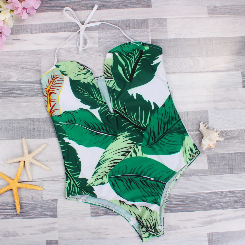 Kailindi Leaf Print One Piece Swimsuit Women Swimwear Backless Trikini ...