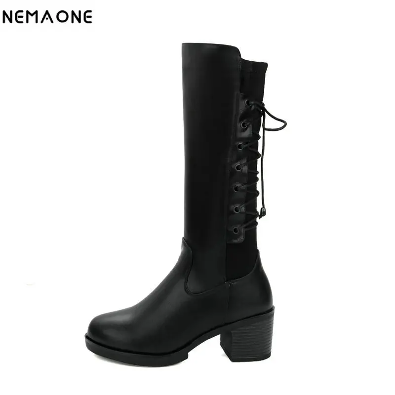 

NEMAONE Sexy thick high heels knee high Boots woman autumn Winter lace up Ladies western shoes Woman boots large size 43