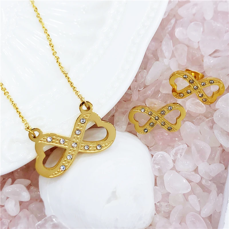 

New Tiny Infinity Crystal Pendant Necklaces Earrings for Women Choker Lucky Number Eight Geometric Silver Long Chain Necklace