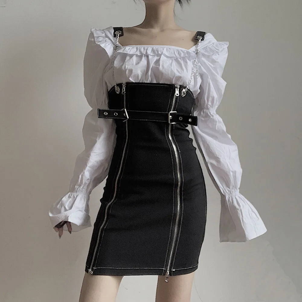 

2019 Spring New Lolita Dress Women 2 Piece Set Ruffles Off Shoulder White Shirt + Zippered Overalls Dresses Gothic Slim Vestido