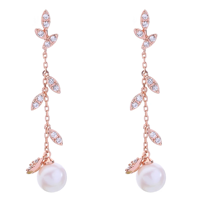 

HuaZ 925 Silver Needle Europe and America Fashion Fresh Leaves Zircon Synthetic Pearl Earrings