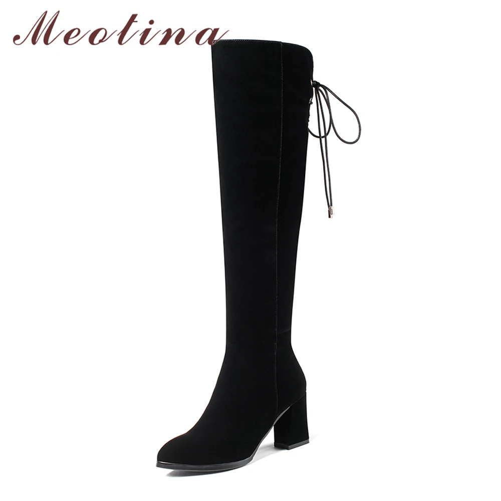 

Meotina Women Thigh High Boots High Heels Autumn Shoes Black Zipper 2018 Winter Boots Long Lace Up Thick Heel Long Shoes Size 40