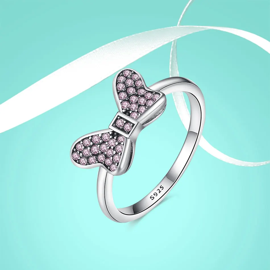 ELESHE Cartoon Disny Minnie's Sparkling Bow Ring with Pink Clear CZ 100% 925 Sterling Silver Rings Jewelry 2018 New Collection