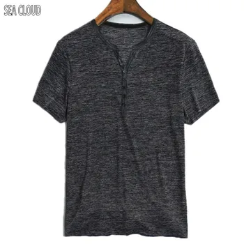 

Free shipping Summer Dark gray button open men's clothing v-neck T-shirt henry short-sleeve tees 2xl-8xl bust 155 cm