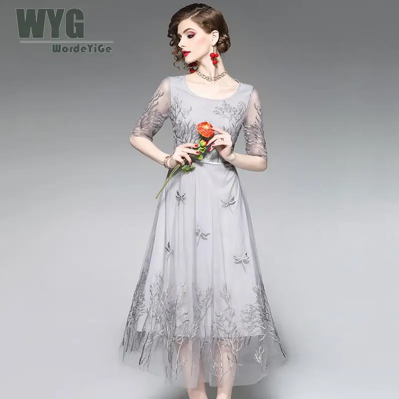 

Mesh Embroidery Dresses Women 2019 Summer Sheer Half Sleeve Trees Dragonfly Emroidered High Quality Elegant Big Size Dress XXL