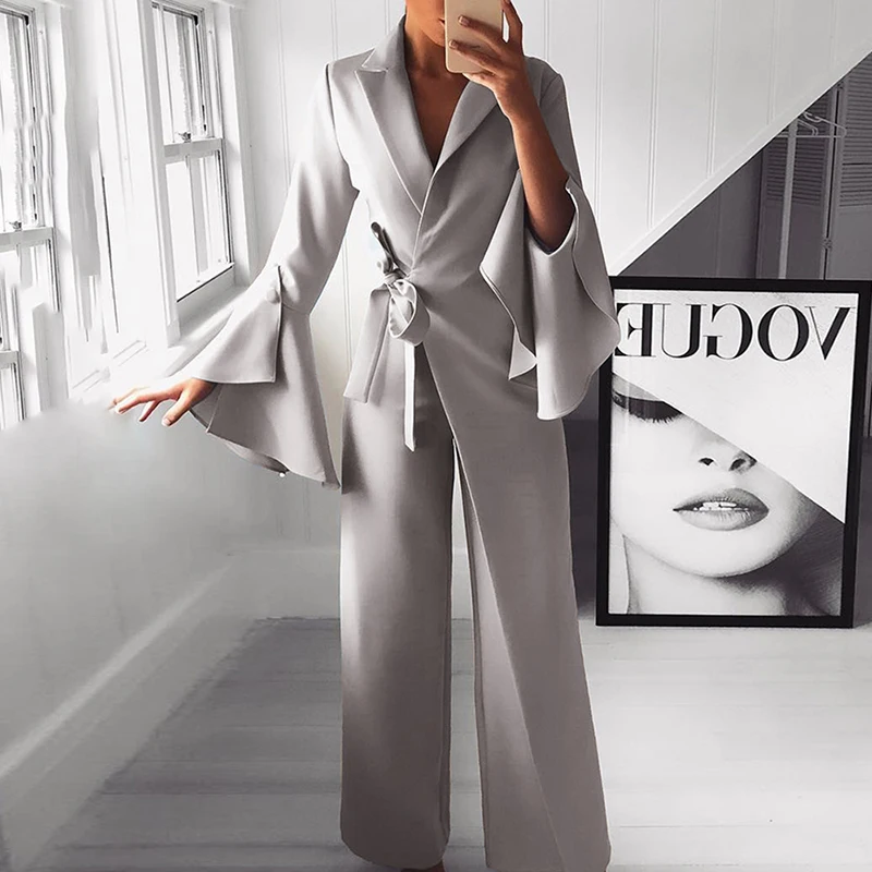2018 Autumn Women Fashion Elegant Long Sleeve Workwear Formal Party Romper Irregular Flared Sleeve Knot Side Wide Leg Jumpsuit