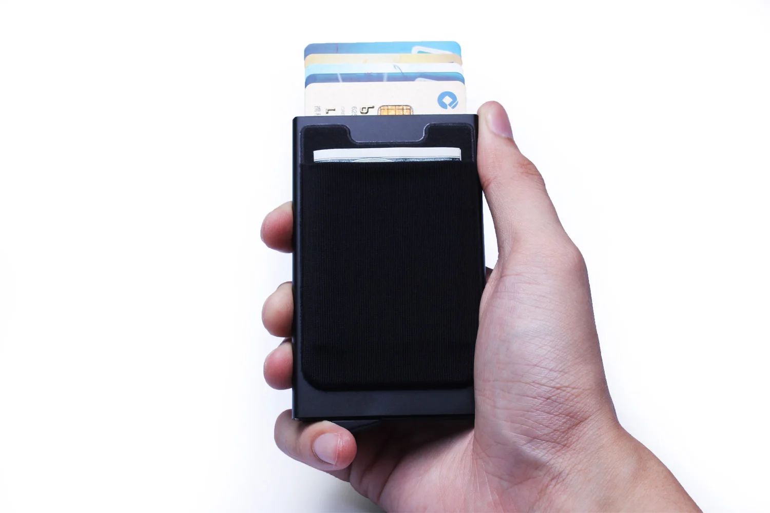 Алюминий бумажник с заднего кармана ID Card Holder RFID Блокировка мини-тонкий металлический кошелек автоматические всплывающие Дело Кредитная карта протектор