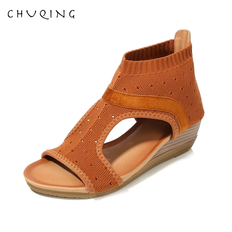 

CHUQING Ethnic Style Wave Similian Sandals 2019 Spring Suede Round Head Sandals