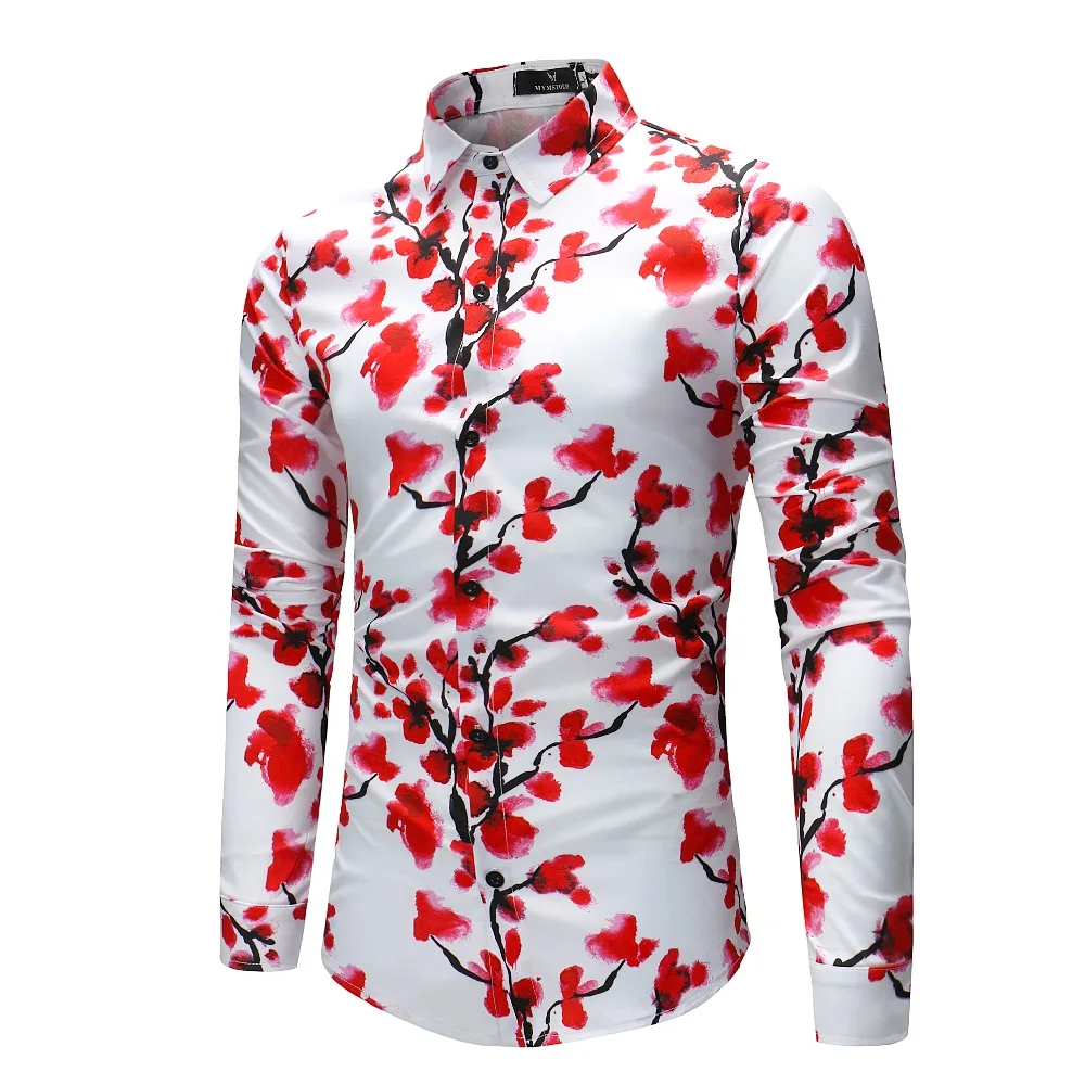 Men Flower Shirts Long Sleeve Shirts Slim Fit Men 3D Printed Shirts Spring Autumn Casual Hawaiian Shirts for Mens Clothing