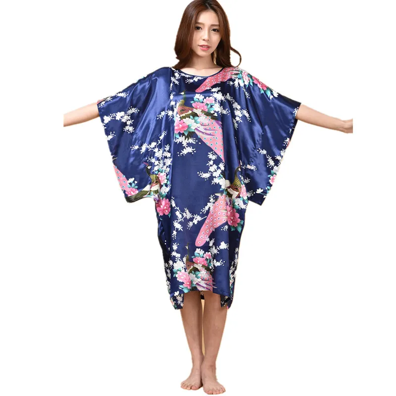 Женское шелковое ночное белье халат с принтом павлина Yukata летняя ночная рубашка
