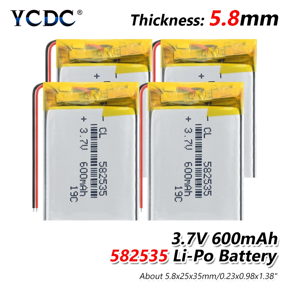 

3.7 V 582535 600 mah MP3 speakers Li-ion battery smart home Polymer battery for dvr,GPS,mp3,mp4,DVD power bank,speaker