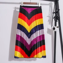 Летние Плиссированные Миди юбка женская в полоску, с высокой талией юбка с красивой графикой из мультиков; высокое уличный стиль с эластичной резинкой на талии трапециевидной формы комиксов осень длинные юбки для женщин