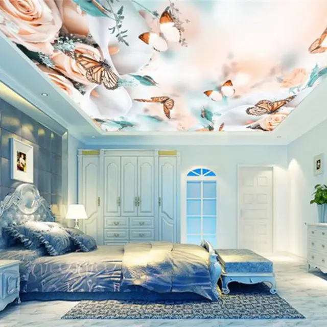 Us 13 95 50 Off Romantic 3d Ceiling Murals Rose Flower Butterfly Wallpapers For Living Room Bedroom Wall Papers Home Decor Stretching Ceiling In