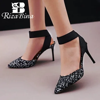 

RizaBina Fashion Letter Print Sandals Women Pointed Toe Elastic Band Thin Heels Shoes Office Lady High Heels Shoes Size 34-39