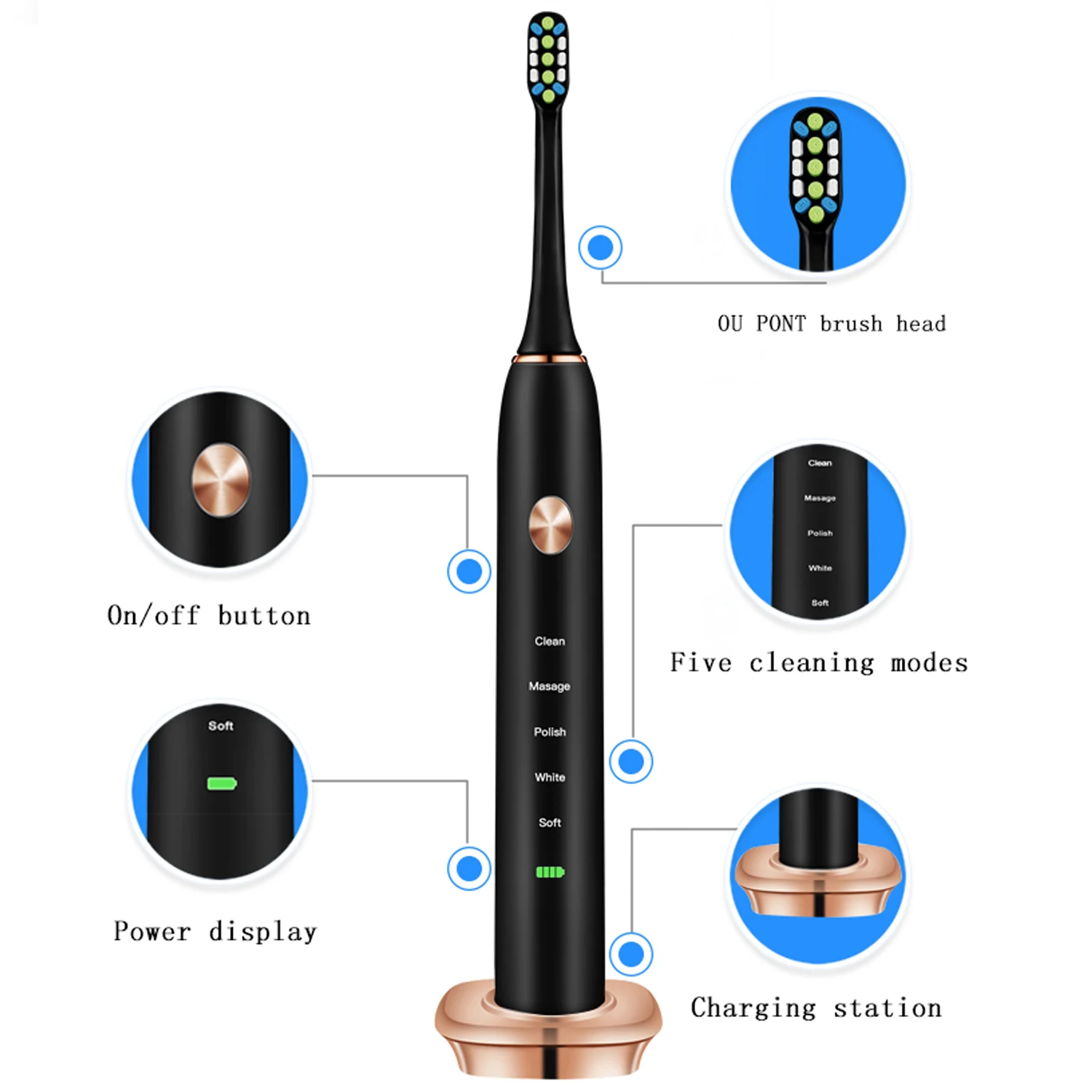 Электрическая зубная щетка с USB индукционной зарядкой, электрическая зубная щетка для взрослых с звуковой вибрацией, водонепроницаемая электрическая зубная щетка IPX7(ESD90