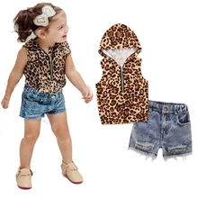 2017 Summer Baby Girls Clothes Set Sleeveless Leopard Hooded T Shirt+Holes Denim Short Pant 2Pcs Set children’s clothes girls