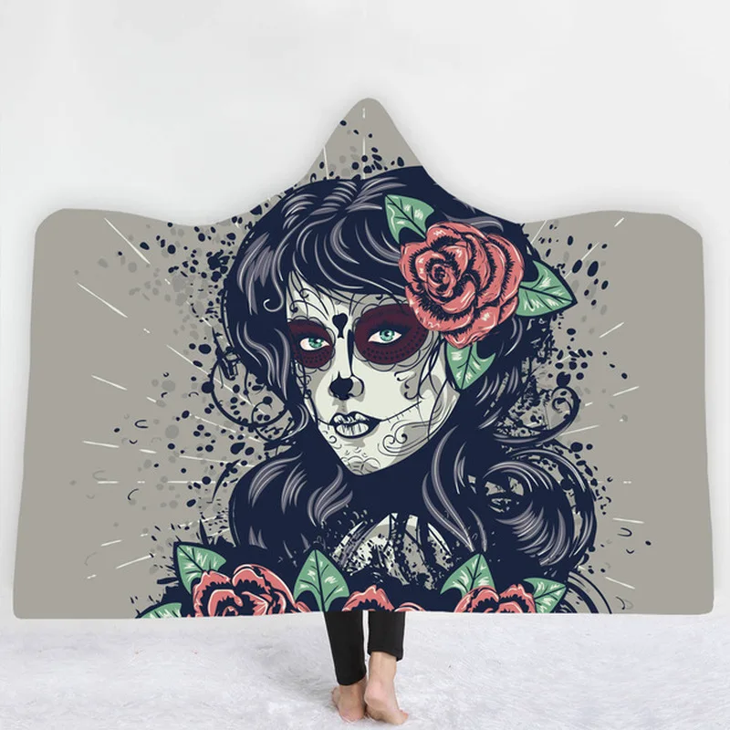 

Fanaijia sugar skull blanket 3D Printed Plush Hooded Blanket for Beds Warm Wearable Soft Fleece Throw Blankets